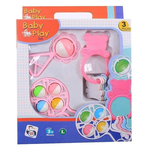 Brinquedo Para Bebe Kit Baby Play 3 Pcs Az Chocalho Mordedor