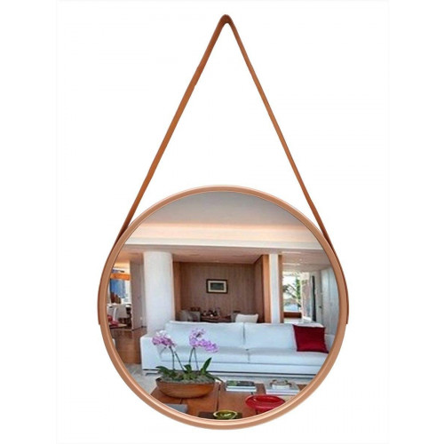 Espelho Redondo Gold  Decorativo com Moldura e Alça de Couro 33cm - FWB